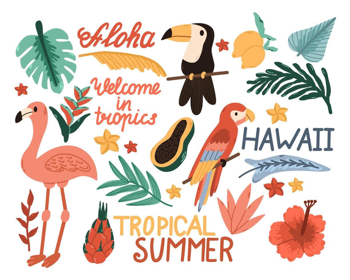 impostato carino tropicale hawain vacanza spiaggia elementi. mano disegnato illustrazione. scandinavo stile piatto design. concetto per bambini Stampa. vettore