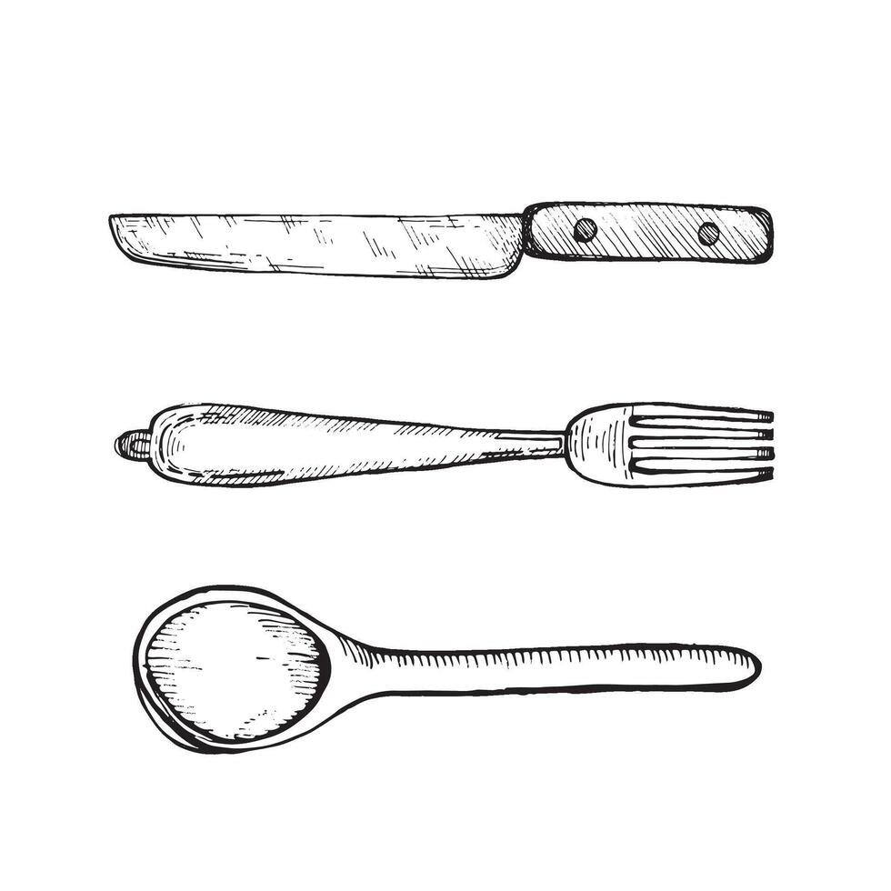 illustrazione. illustrazione. posate, coltello, forchetta, cucchiaio disegnato nel nel nero su un' bianca sfondo. adatto per stampa su carta, menu, ricette, scrapbooking vettore
