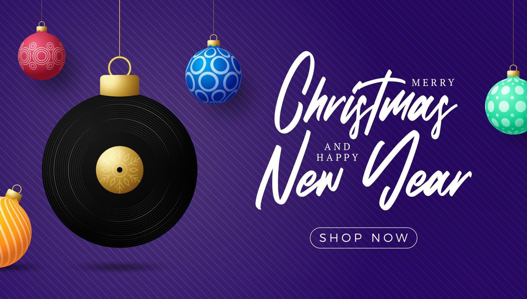 Cartolina di Natale con disco in vinile musicale. auguri di musica di buon natale. appendere a un filo disco in vinile come una palla di Natale e una pallina d'oro su sfondo nero. illustrazione vettoriale musicale.