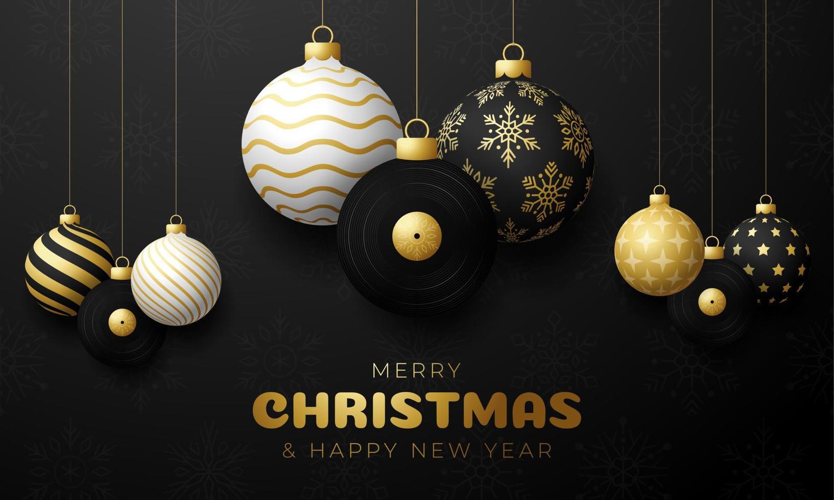 Cartolina di Natale con disco in vinile musicale. auguri di musica di buon natale. appendere a un filo disco in vinile come una palla di Natale e una pallina d'oro su sfondo nero. illustrazione vettoriale musicale.