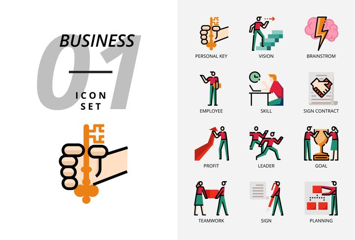 Icon pack per business e strategia, chiave personale, visione, brainstorming, impiegato, abilità, firma del contratto, profitto, leader, obiettivo, lavoro di squadra, segno, pianificazione. vettore