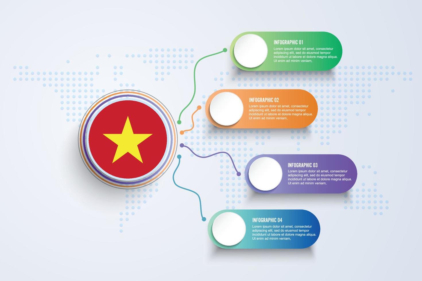 bandiera del vietnam con un design infografico isolato sulla mappa del mondo a punti vettore