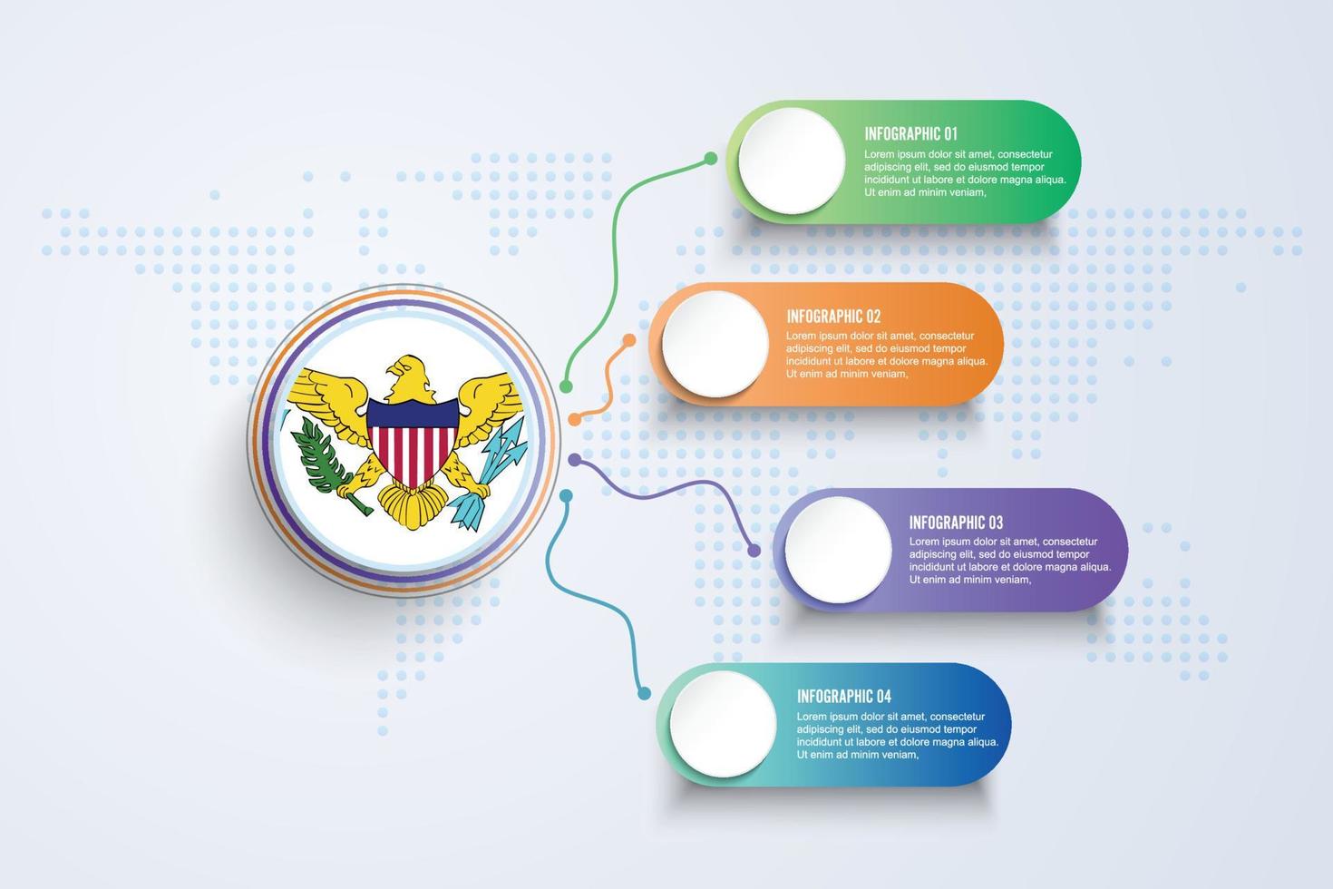 bandiera delle isole vergini americane con design infografico isolato sulla mappa del mondo a punti vettore