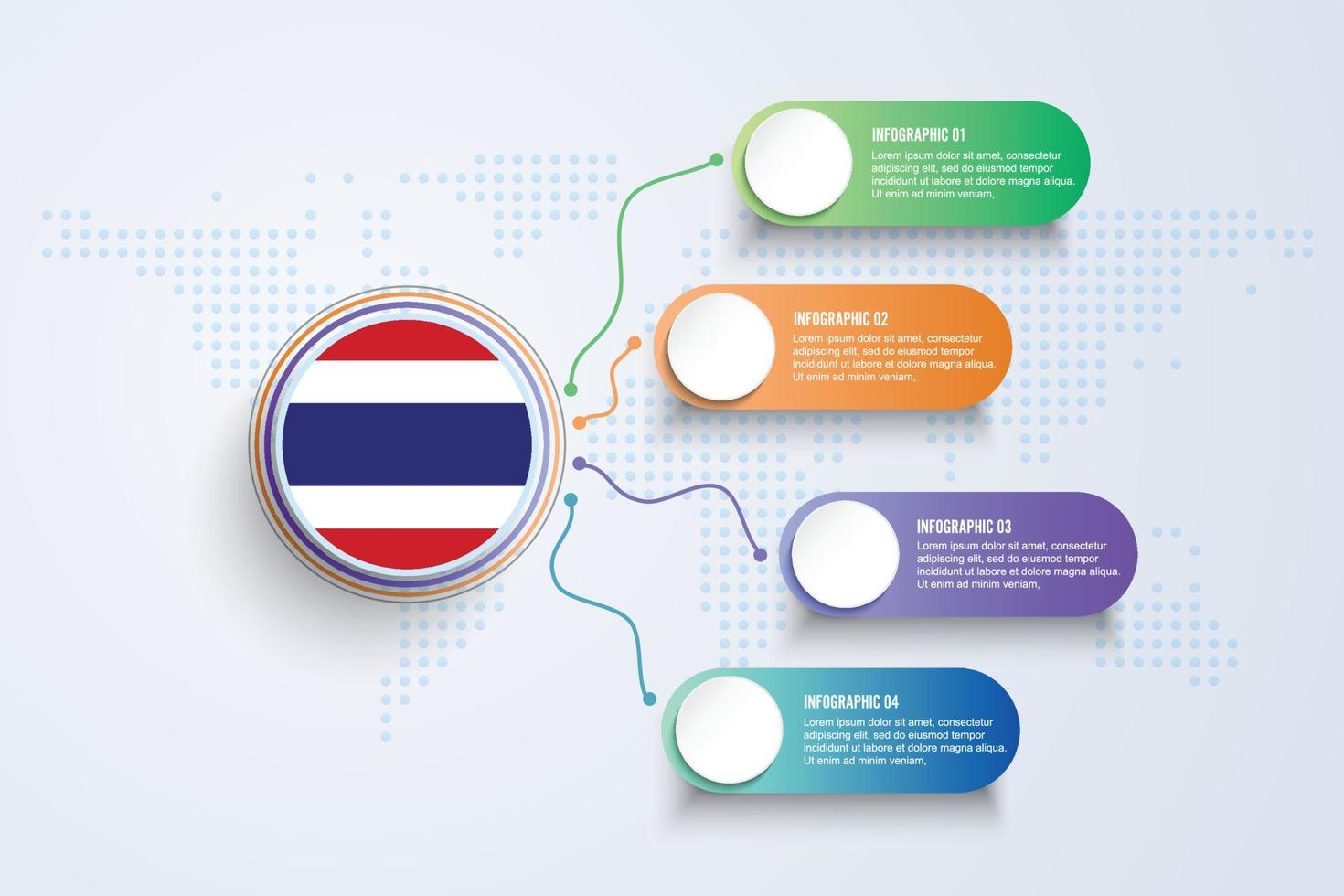bandiera della thailandia con un design infografico isolato sulla mappa del mondo a punti vettore