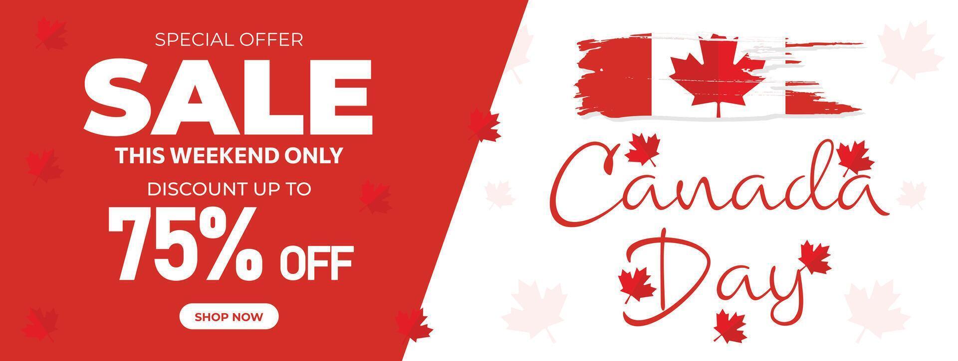 Canada giorno vendita ragnatela striscione. contento Canada indipendenza giorno mega grande vendita bandiera sfondo illustrazione. Canada giorno fine settimana promozione sconto striscione. primo di luglio vacanza speciale offrire modello vettore