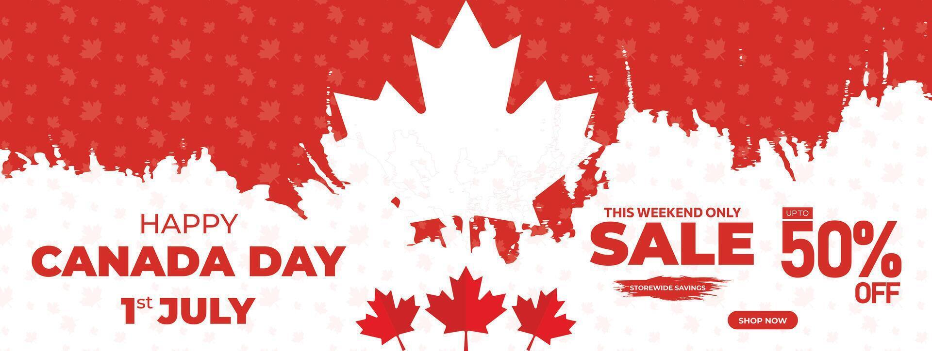 Canada giorno vendita ragnatela striscione. contento Canada indipendenza giorno mega grande vendita bandiera sfondo illustrazione. Canada giorno fine settimana promozione sconto striscione. primo di luglio vacanza speciale offrire modello vettore