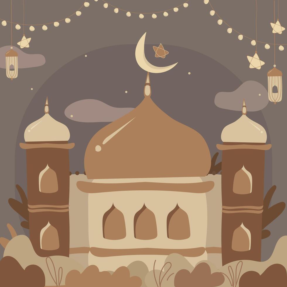 moschea illustrazione con islamico Festival decorazioni piace mezzaluna Luna e stella, Fata luci, lanterne eccetera vettore