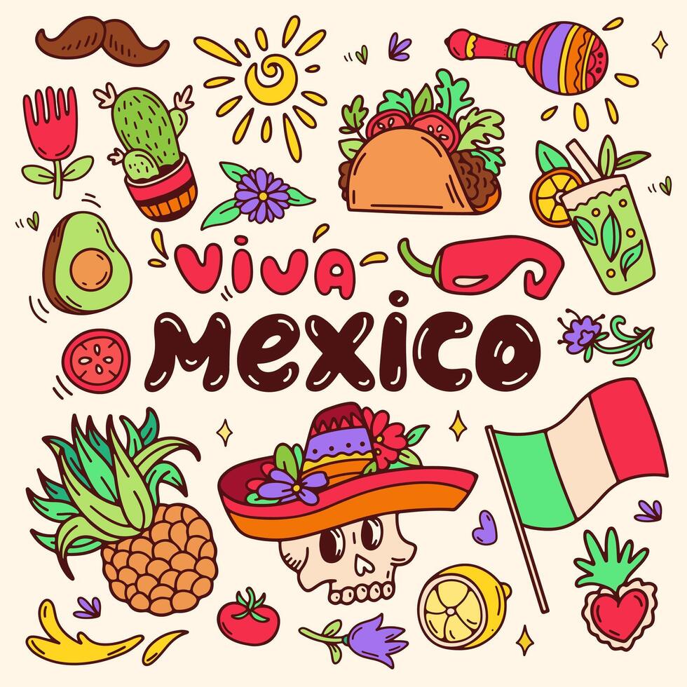 Viva Messico icone impostare. piazza colore celebrazione sfondo. bandiera e sociale media inviare per messicano federale vacanza cinco de maionese. messicano eredità e cultura. scarabocchio illustrazione vettore