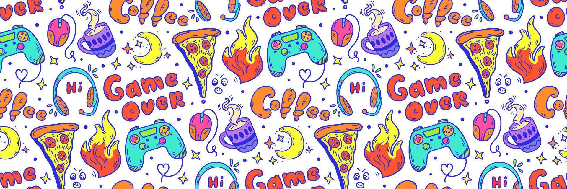 gioco al di sopra di senza soluzione di continuità modello. mano disegnato scarabocchio adolescente attività, gamepad, caffè, Pizza. Giochi e ruscello canale sfondo. aggeggio icone gioco freddo Stampa per ragazzi e ragazze. illustrazione vettore