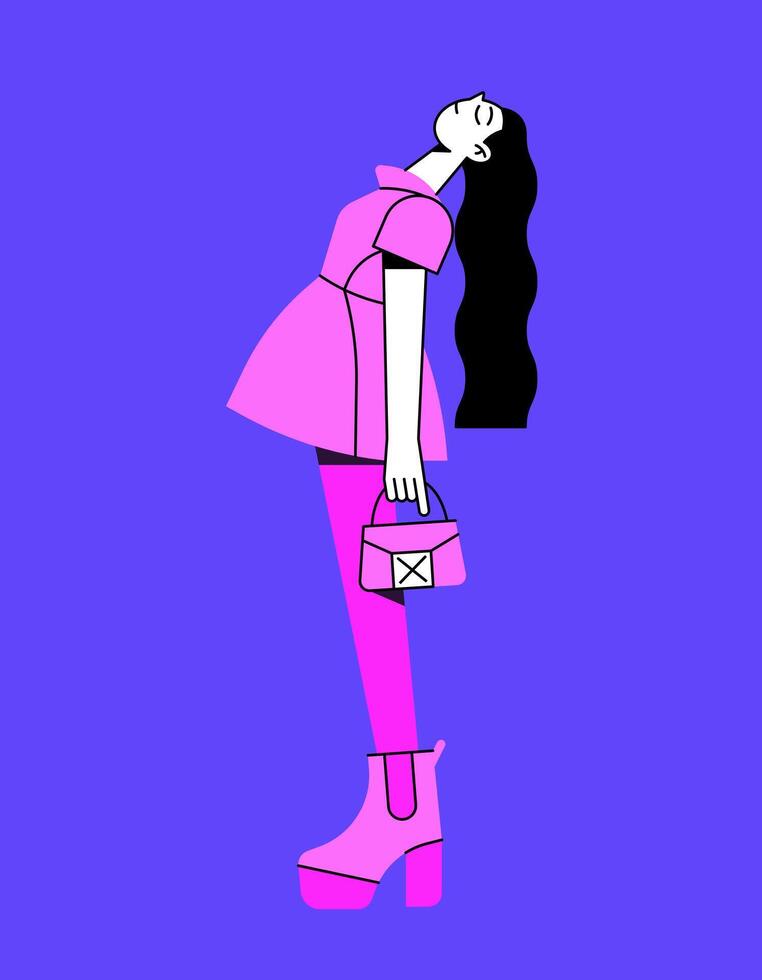 ragazza nel un' rosa vestire. alla moda illustrazione nel piatto stile. Da donna moda. di moda vestito. frizione Borsa e piattaforma scarpe. vettore