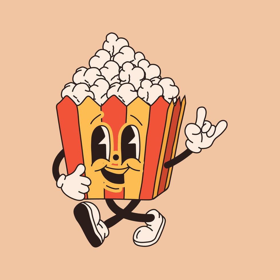 affascinante cartone animato Popcorn figura, ricorda di classico animazioni a partire dal il 60s e anni '70, con divertente personaggi. vettore