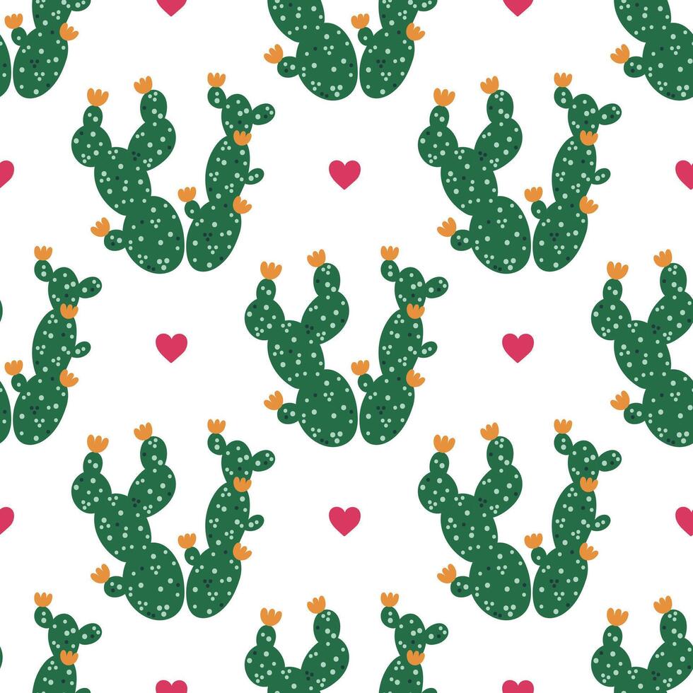 cactus senza soluzione di continuità modello. fioritura spinoso Pera con verde stelo, arancia fiori, spine e cuori. interno o deserto succulento. esotico messicano pianta. mano disegnato cartone animato sfondo con opuntia vettore