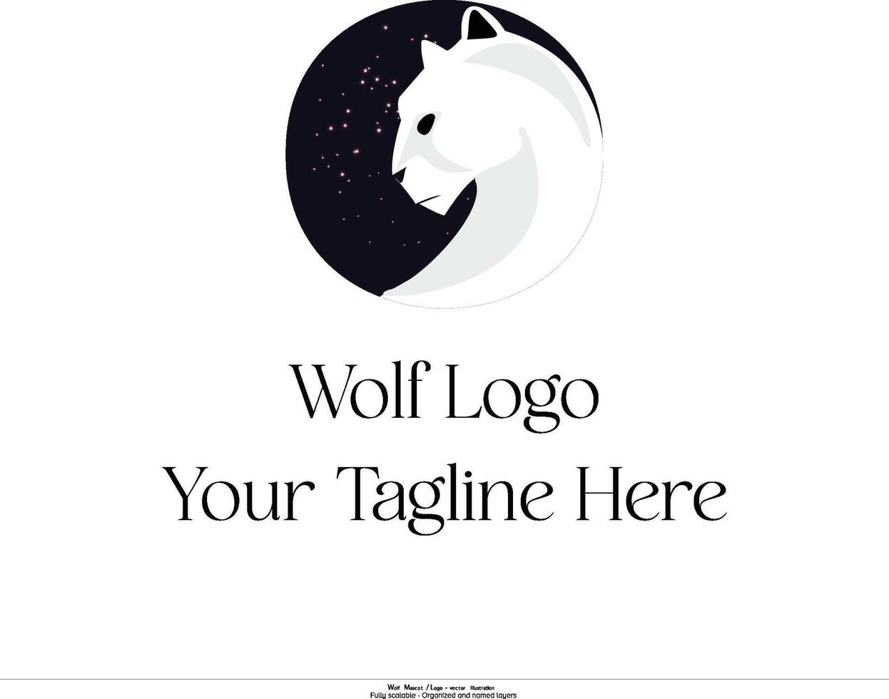 lupo logo, animale logo. illustrazione. minimalista lupo disegno. lupo con stelle nel sfondo. stellato sfondo. vettore