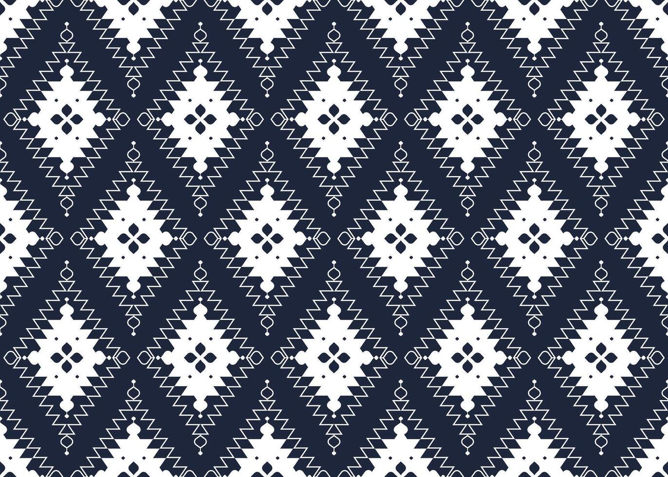bianca geometrico e fiori modulo su buio blu sfondo, etnico tessuto senza soluzione di continuità modello design per stoffa tappeto sfondo involucro eccetera. vettore