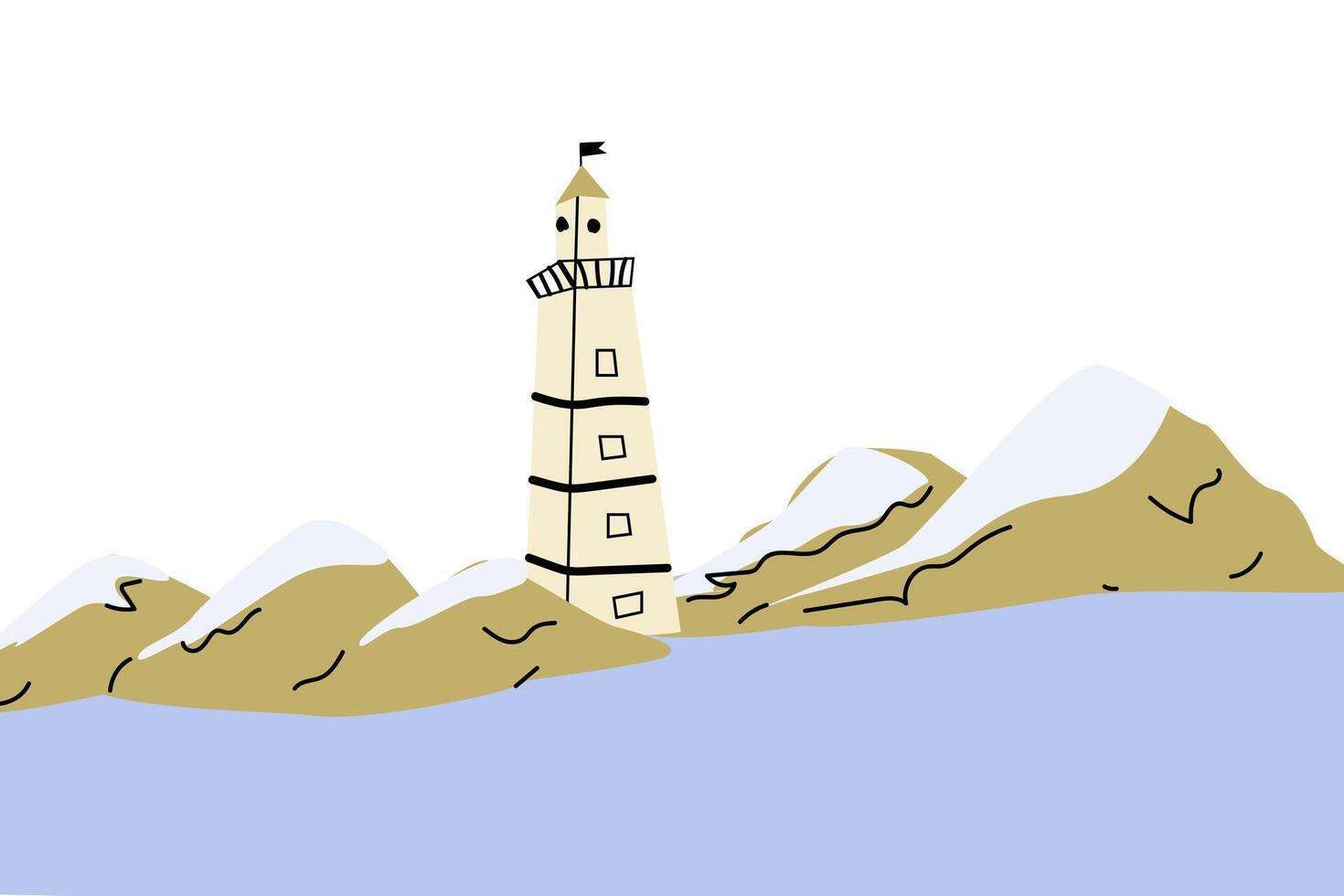 carino faro vicino montagna rocce - paesaggio marino cartone animato illustrazione vettore