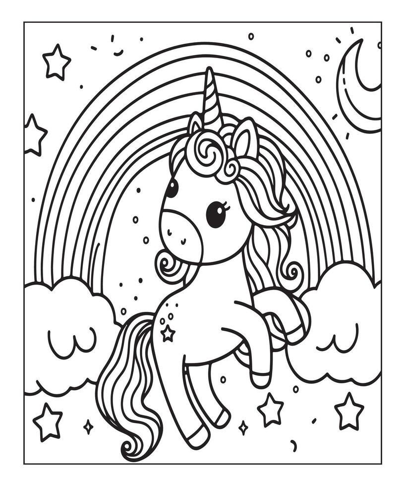 simpatico unicorno da colorare per bambini vettore