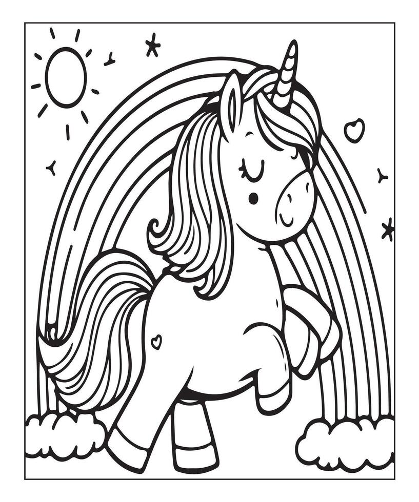 pagina da colorare unicorno per bambini vettore