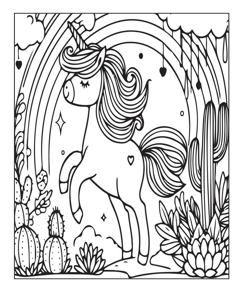 pagina da colorare unicorno per bambini vettore