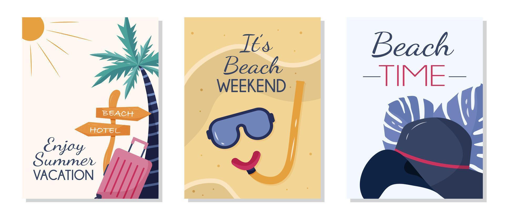 impostato di estate spiaggia manifesti con un' autorespiratore maschera, palma albero e bagaglio. piatto stile illustrazione design per un' viaggio vacanza manifesto, bandiera o aviatore modello. illustrazioni impostare. vettore