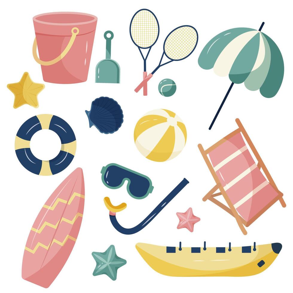 estate icone impostato con vario estate attività piace nuoto occhiali, sole ombrello, palla e gli sport attrezzatura piace tennis racchetta. esso è un' illustrazione impostare. vettore