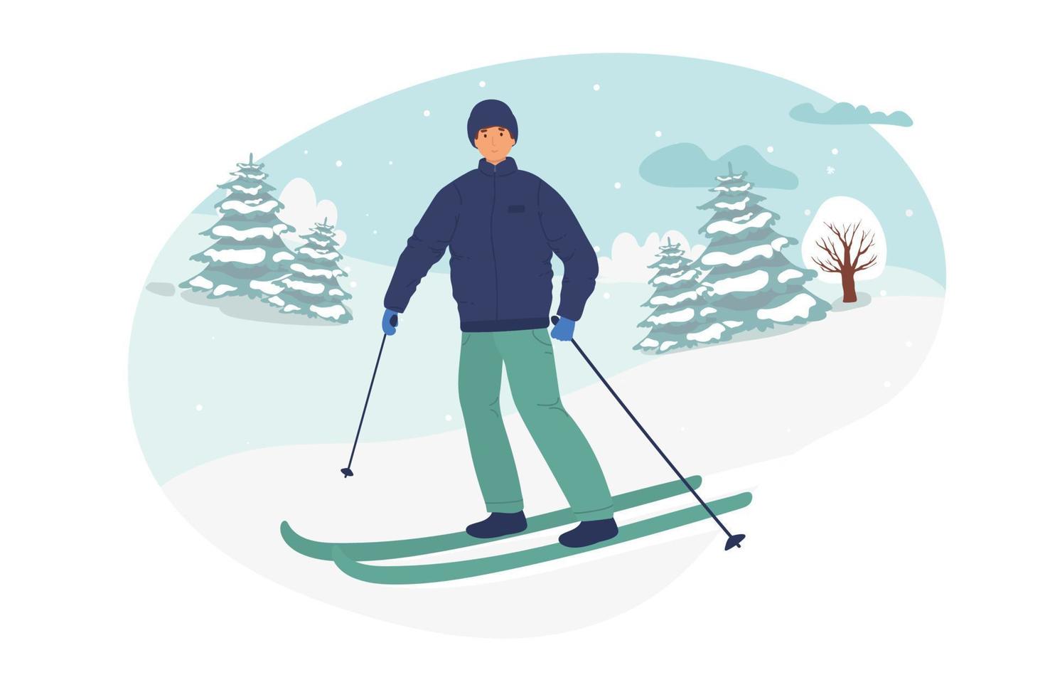 giovane che guida sugli sci mascherati, inverno. illustrazione vettoriale piatto in stile cartone animato. attività sportive invernali illustrazione vettoriale. paesaggio invernale