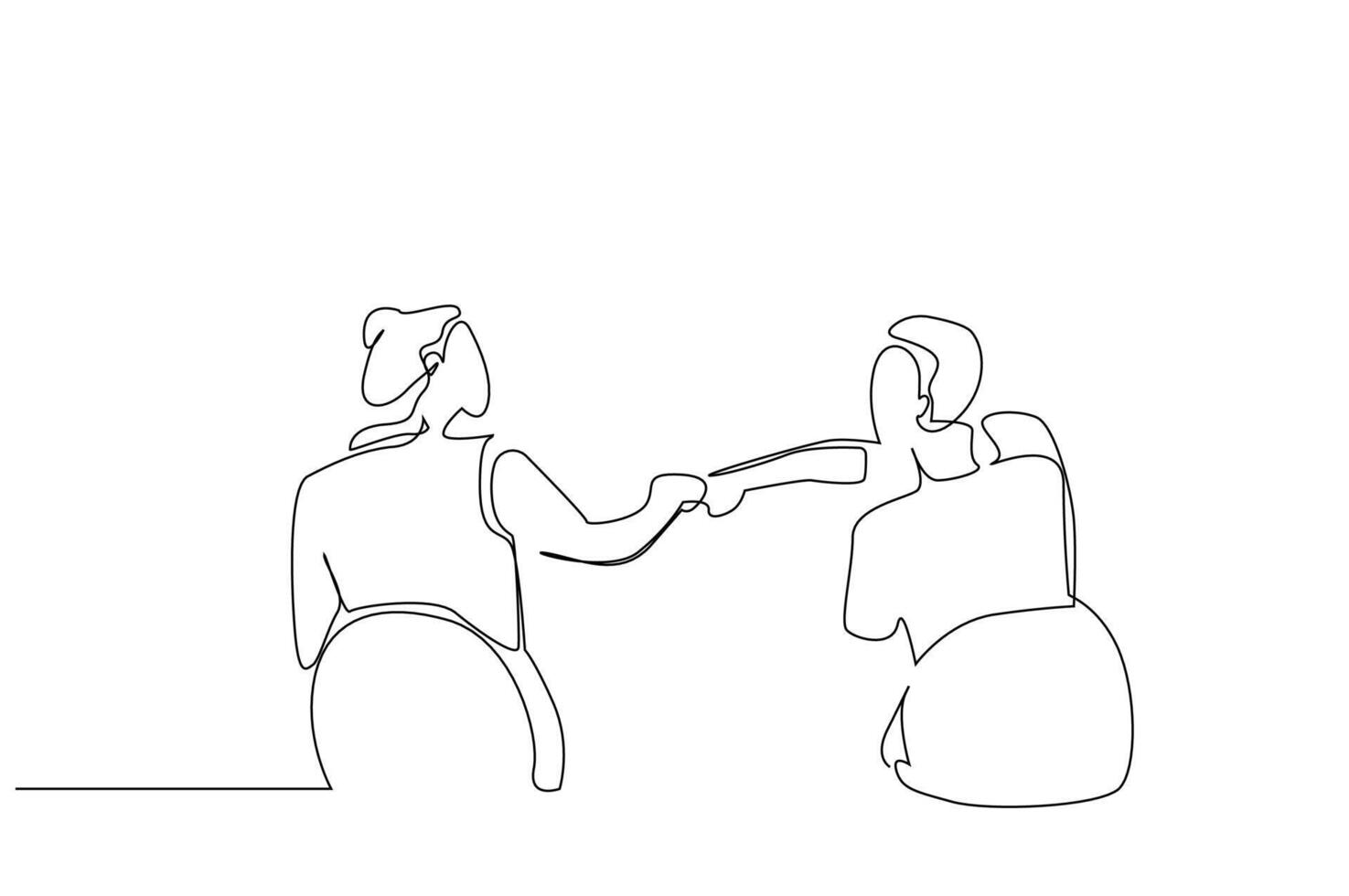 Due dipendente attività commerciale persone donna uomo compagno accordo stretta di mano cazzotto urto uno linea arte design vettore