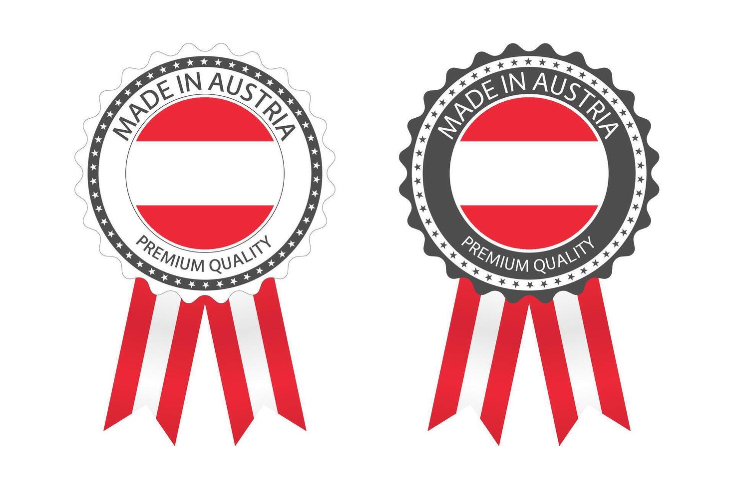 Due moderno fatto nel Austria etichette isolato su bianca sfondo, semplice adesivi nel austriaco colori, premio qualità francobollo disegno, bandiera di Austria vettore