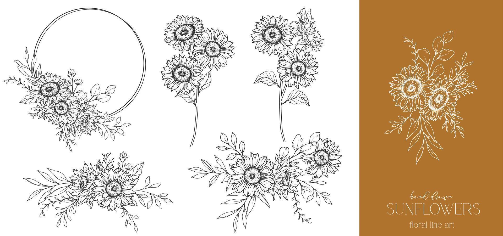 girasoli linea disegno. girasole telaio linea arte. floreale telaio. floreale linea arte. bene linea girasole illustrazione. mano disegnato schema fiori. botanico colorazione pagina. nozze invito fiori vettore