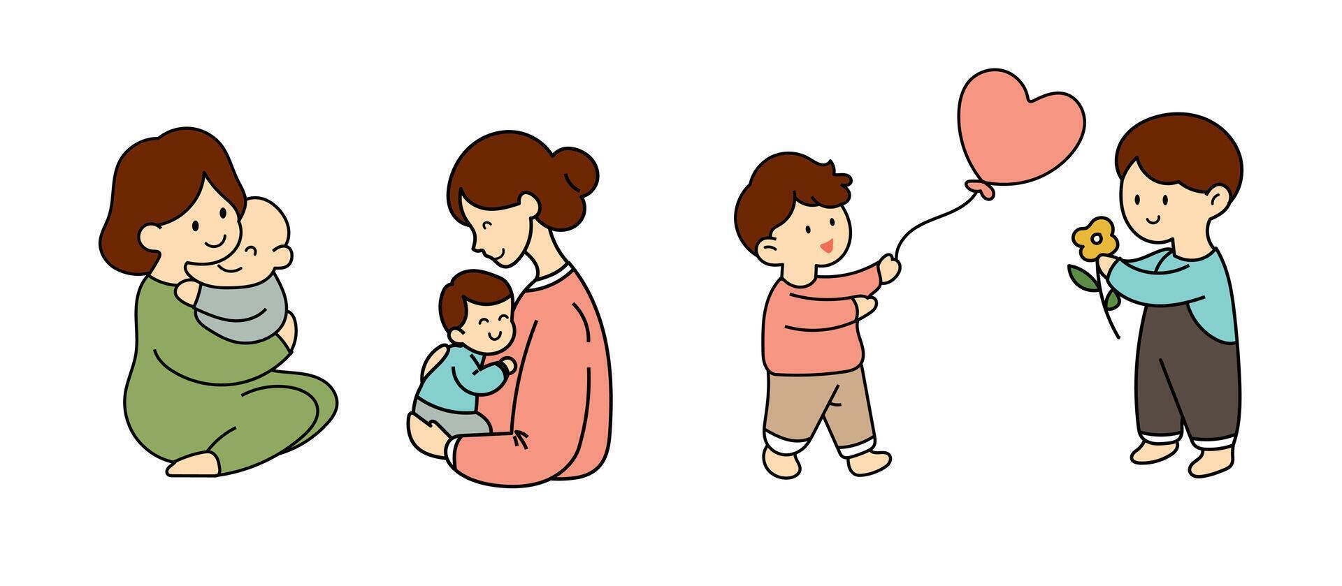 contento madre abbracciare sua bambino, figlio cartone animato carattere, bello cartone animato mano disegnato per La madre di giorno illustraton vettore