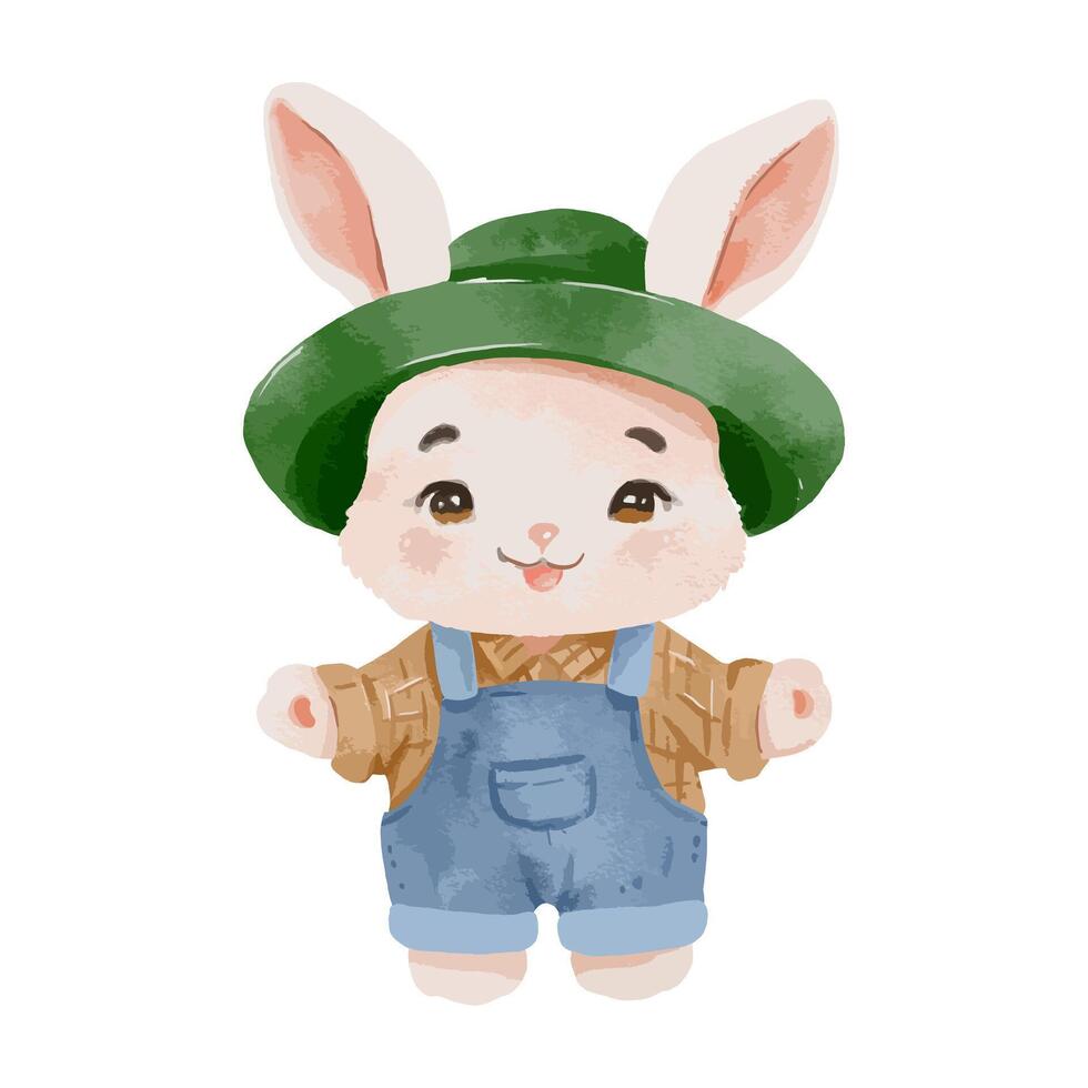 carino Pasqua coniglietto acquerello illustrazione. coniglio cartone animato per bambini prenotare, invito carta, un adorabile Pasqua animale isolato su bianca sfondo vettore