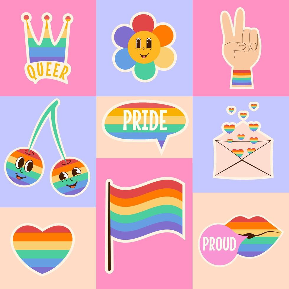 LGBTQ Comunità orgoglio mese retrò Groovy manifesto, sociale media inviare modello, carta vettore