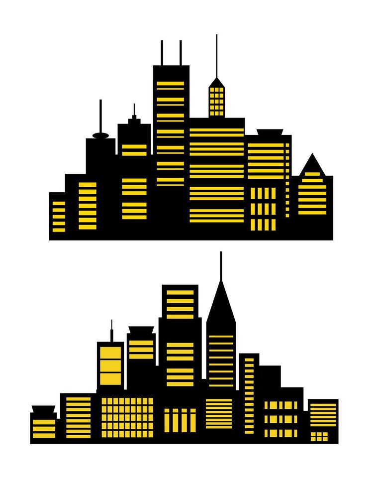 paesaggio impostato di edifici staglia su bianca sfondo. un' nero schema di vita bassa e grattacielo complessi e grattacieli. strutturale costruzioni posto urbano oggetti vettore