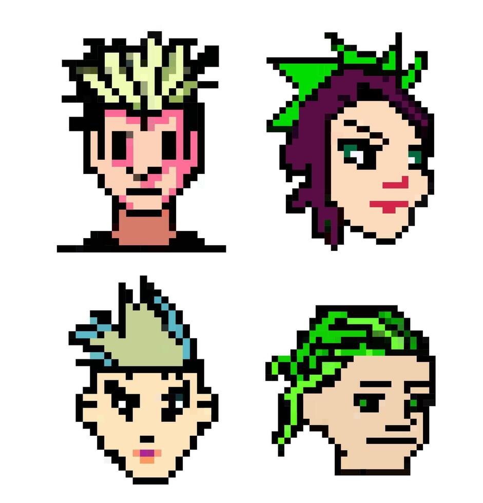 impostato pixel punk teste di persone con diverso colorato capelli, vario arte stili, 8 bit grafica, icone nel pittogramma di maschio e divertimento persone femmina facce vettore