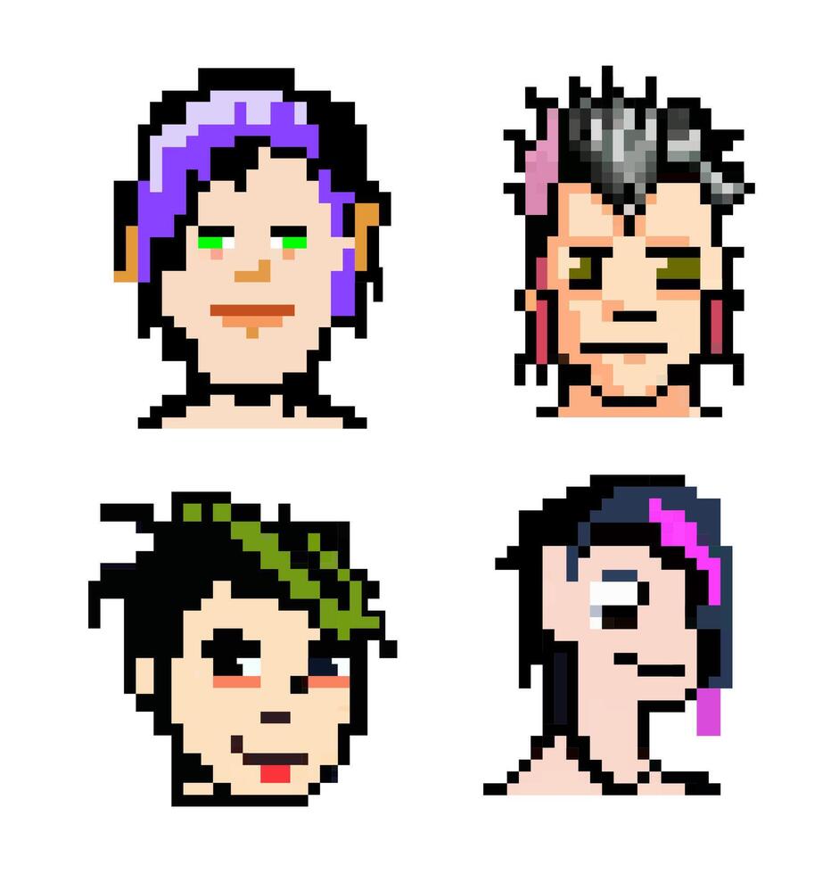impostato pixel punk teste di persone con diverso colorato capelli, vario arte stili, 8 bit grafica, icone nel pittogramma di maschio e divertimento persone femmina facce vettore
