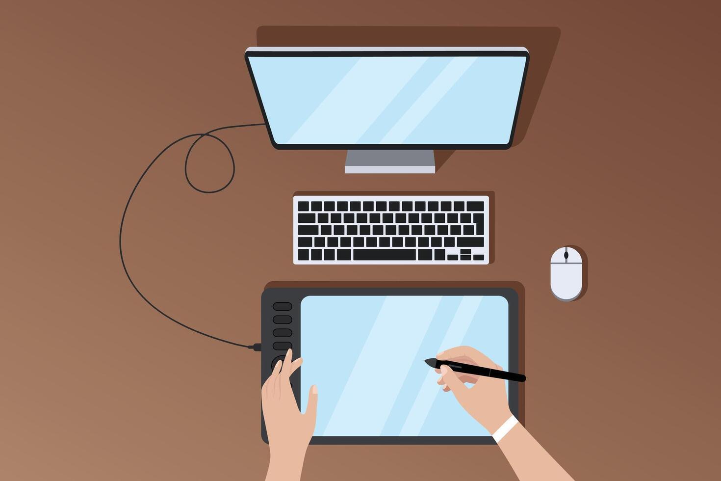 illustrazione di un' posto di lavoro, superiore Visualizza, computer, grande grafica tavoletta con un' schermo, Telefono e secco fiori, femmina mani disegno su un' grafica tavoletta vettore
