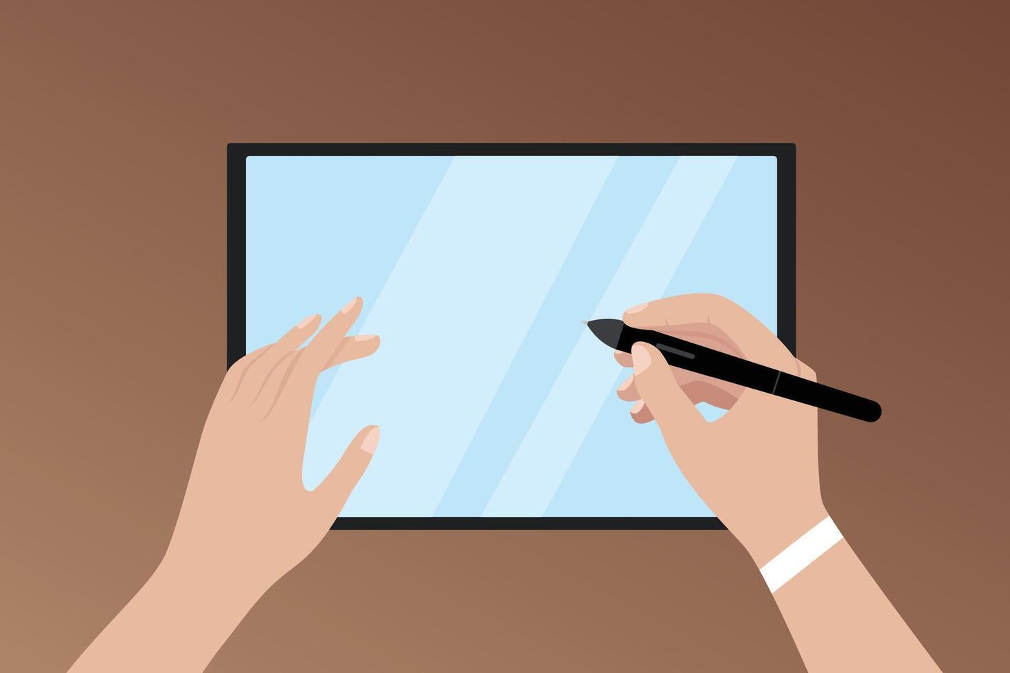 illustrazione di un' ragazza Tenere un' stilo e disegno su un' schermo tavoletta vicino su superiore Visualizza digitale illustrazione vettore
