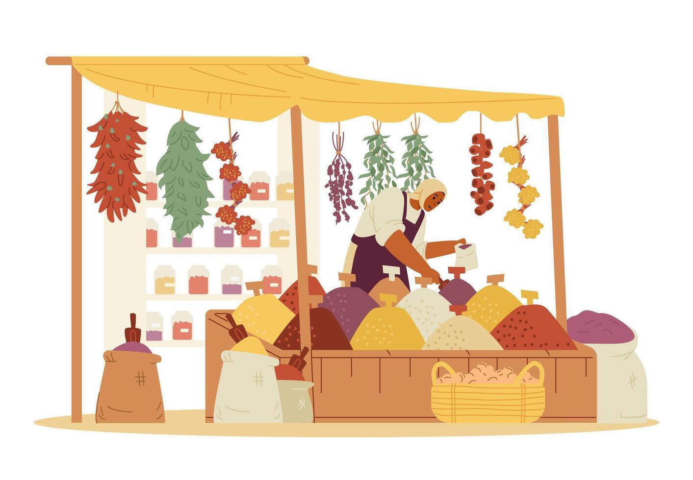 mezzo orientale spezie e erbe aromatiche strada negozio con donna venditore mettendo spezie nel un' Borsa piatto illustrazione isolato su bianca. vettore