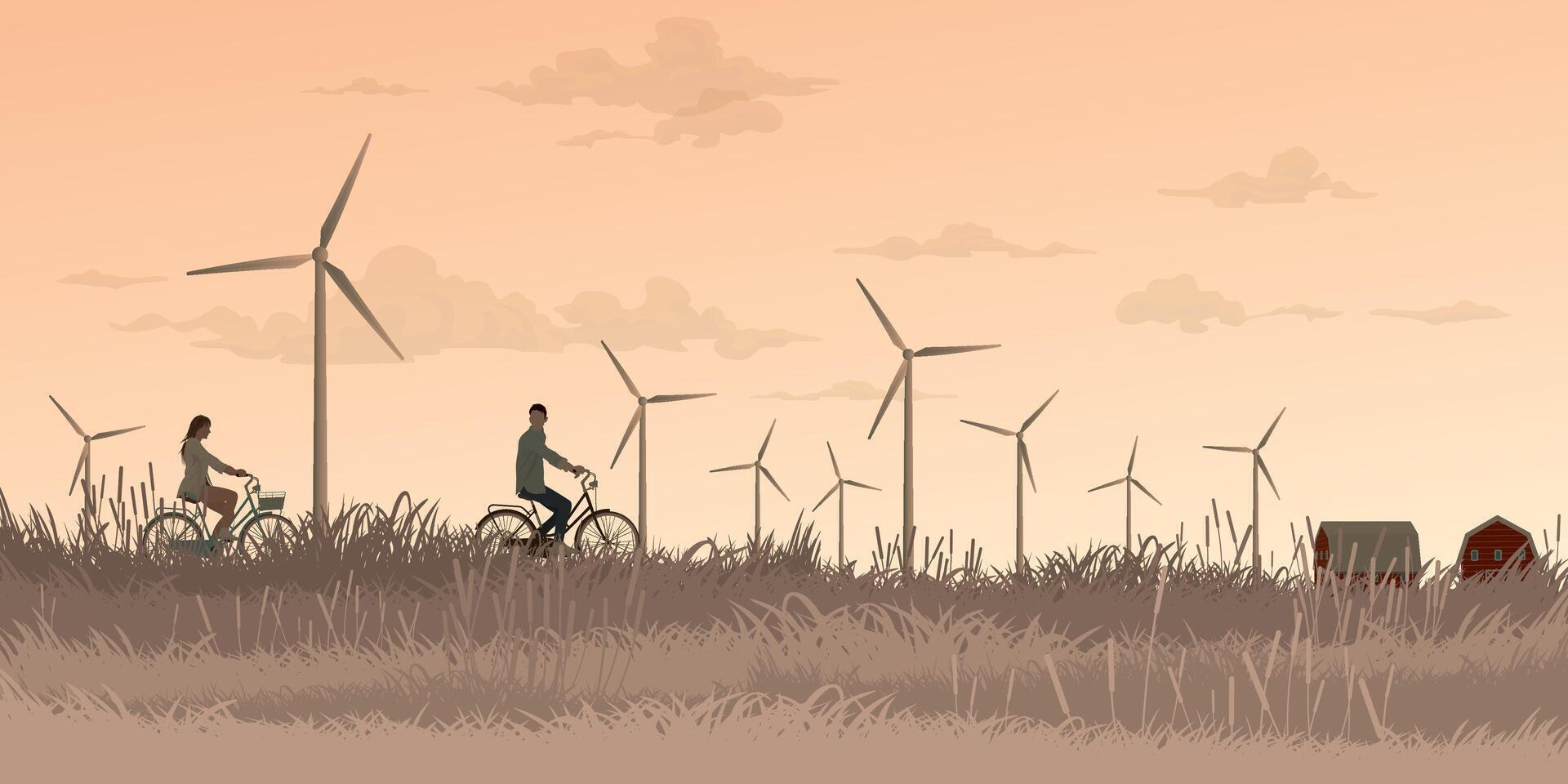 uomo e donna equitazione bicicletta insieme nel campagna i campi con vento turbine e vaniglia cielo sfondo piatto design illustrazione. sostenibile rinnovabile verde energia concetto. vettore