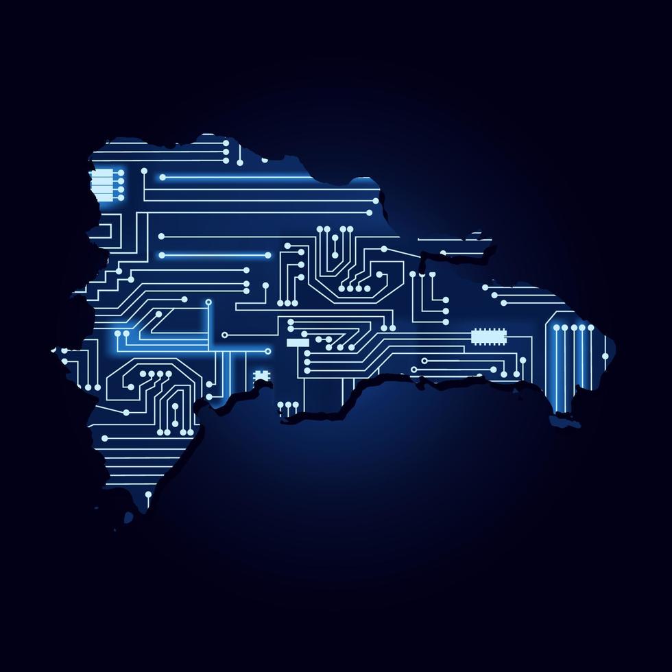 mappa di contorno della repubblica dominicana con un circuito elettronico tecnologico. vettore