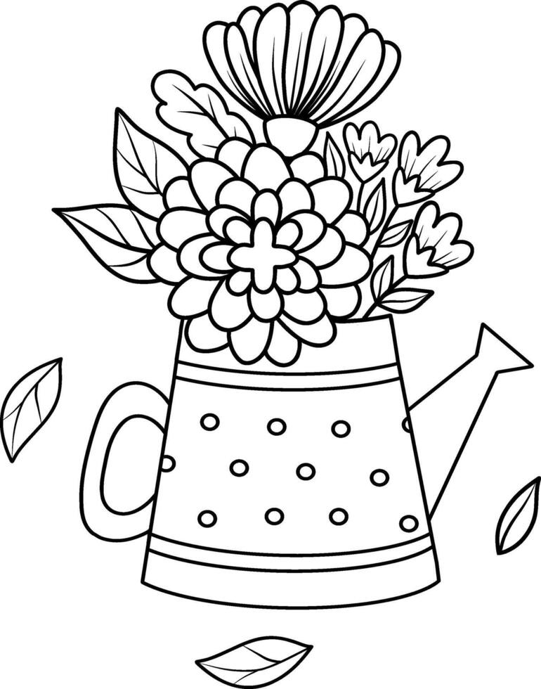 illustrazione di un' irrigazione può nel il modulo di un' vaso con fiori, tulipani, margherite, peonie, ortensie. un' nero e bianca schema. di stagione illustrazione di primavera fiori per giardinaggio, clipart vettore