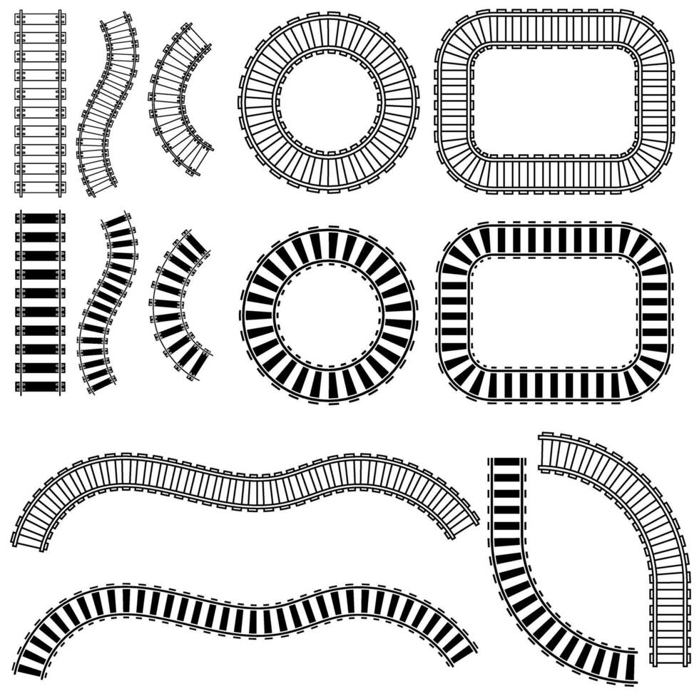 linee ferroviarie icona impostare. rotaie illustrazione cartello collezione. treno simbolo. locomotiva logo. vettore