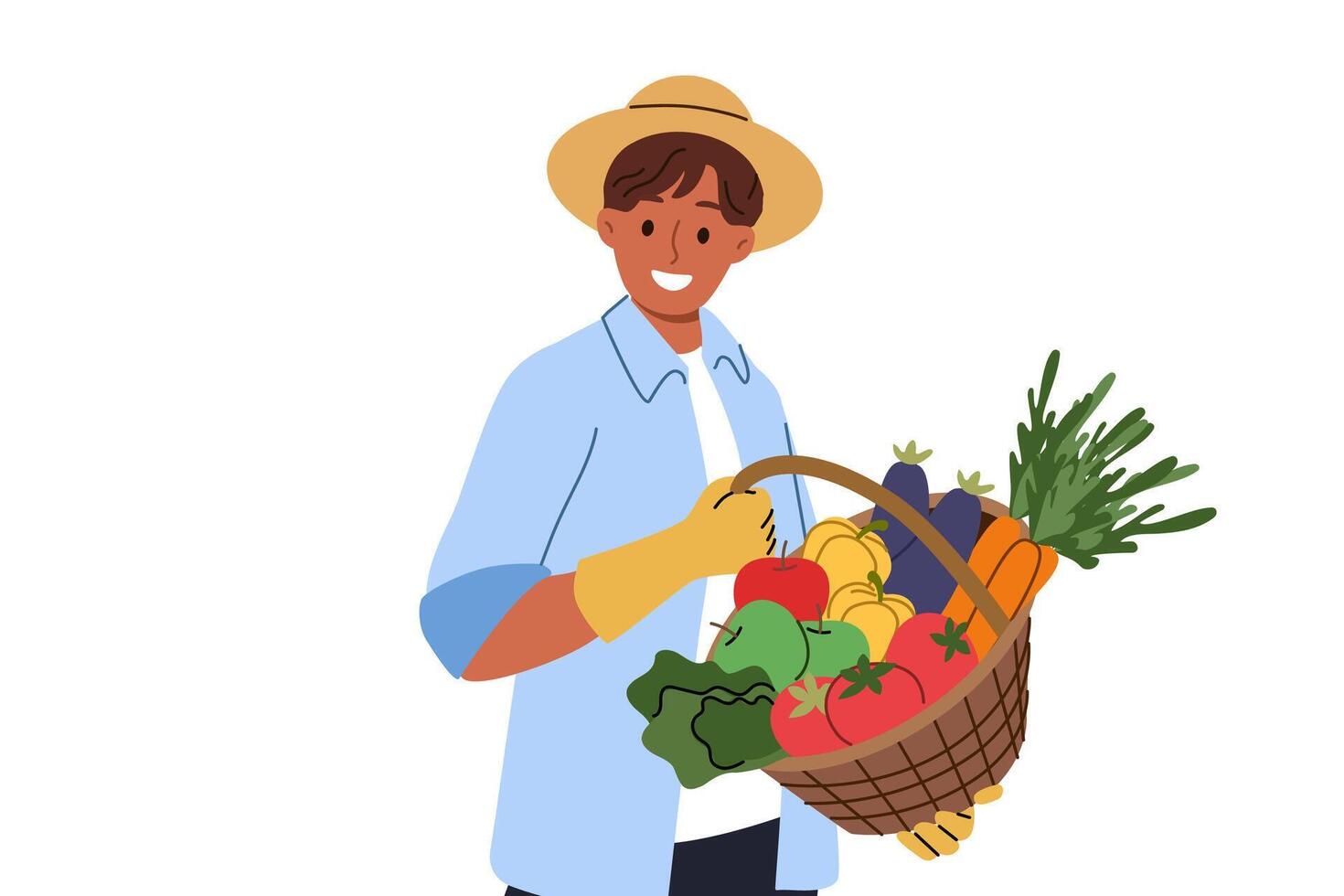 uomo contadino detiene cestino di fresco verdure nel mani, gioia a eccellente raccogliere vettore