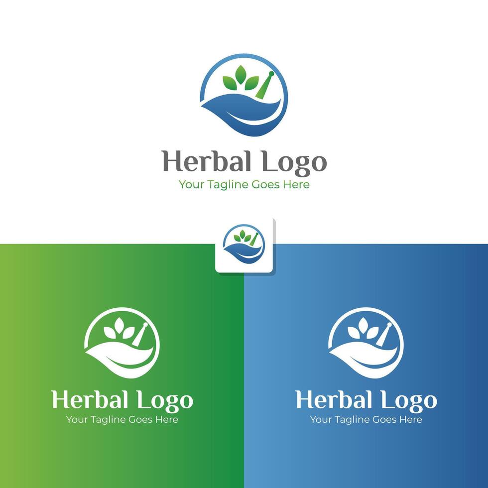 erbaceo logo o farmacia logo modello design. naturale logo con pendenza verde le foglie vettore