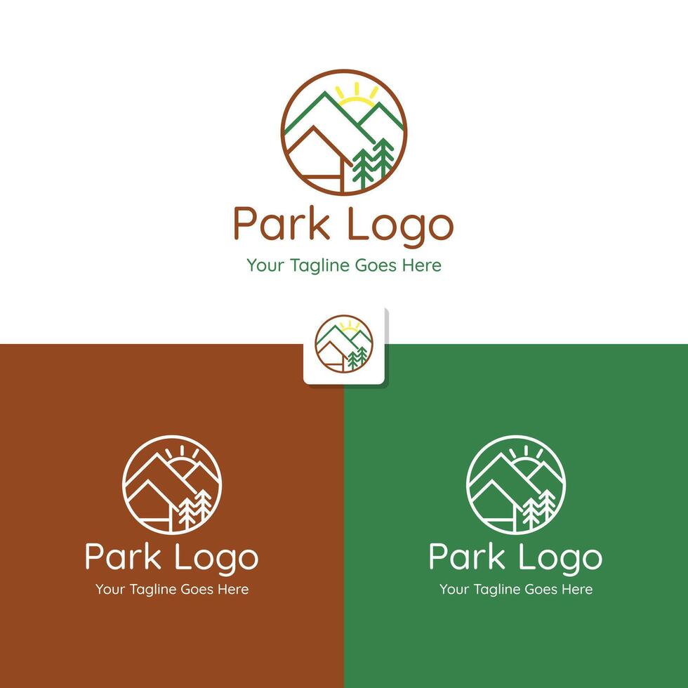 minimalista parco logo con montagna e sole visualizzazioni. logo nel minimalista linea stile vettore
