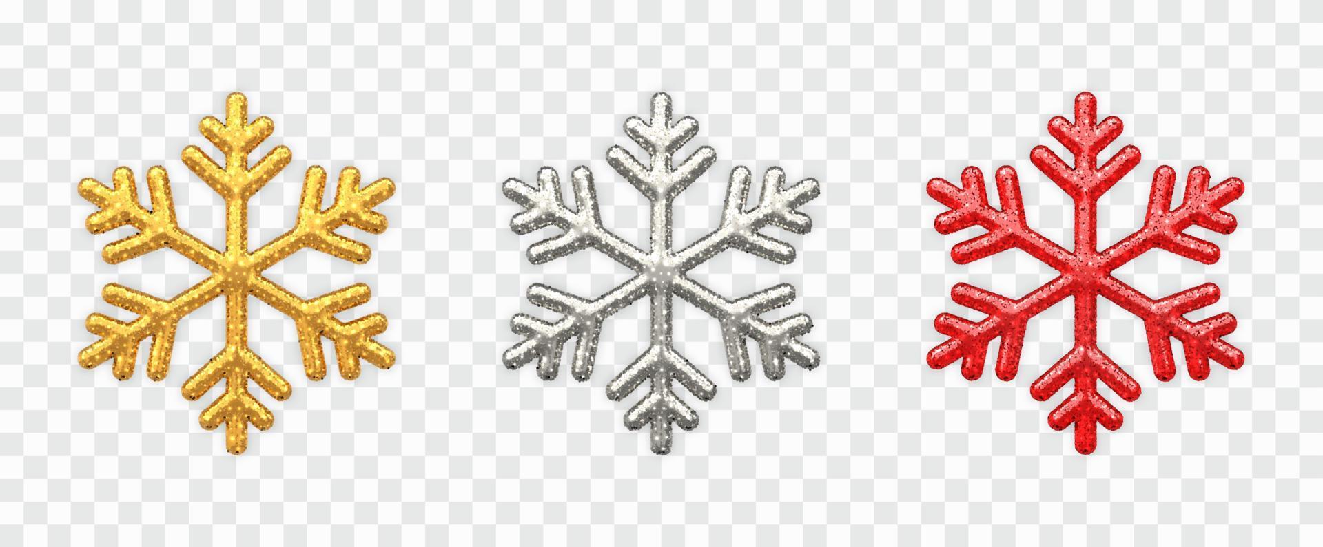 insieme di fiocchi di neve. scintillanti fiocchi di neve dorati, argentati e rossi con texture glitter isolati su sfondo trasparente. decorazione natalizia. illustrazione vettoriale. vettore