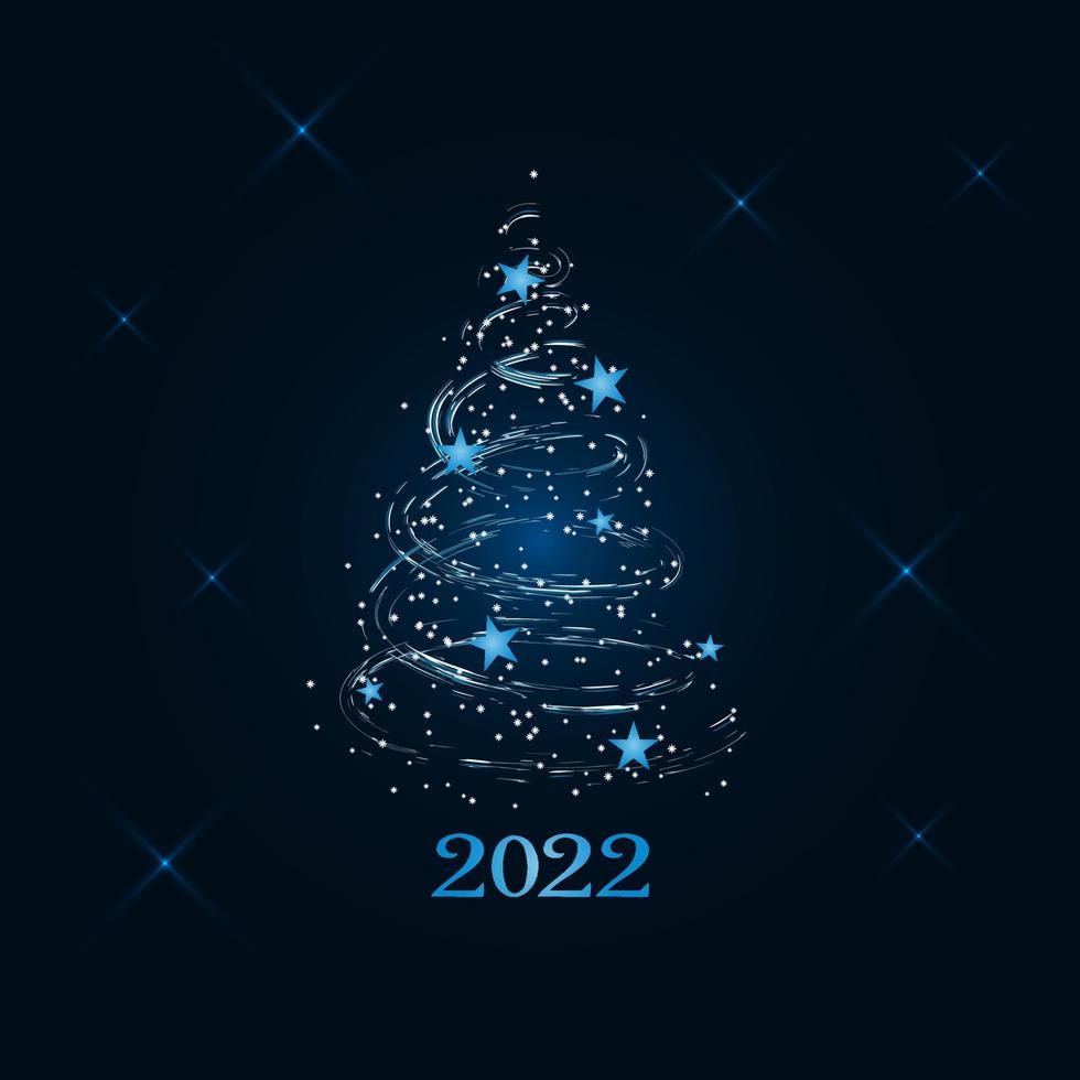 Natale magico fatto di tempeste di neve e albero di fiocchi di neve con stelle blu su sfondo blu scuro. buon natale e felice anno nuovo 2022. illustrazione vettoriale. vettore