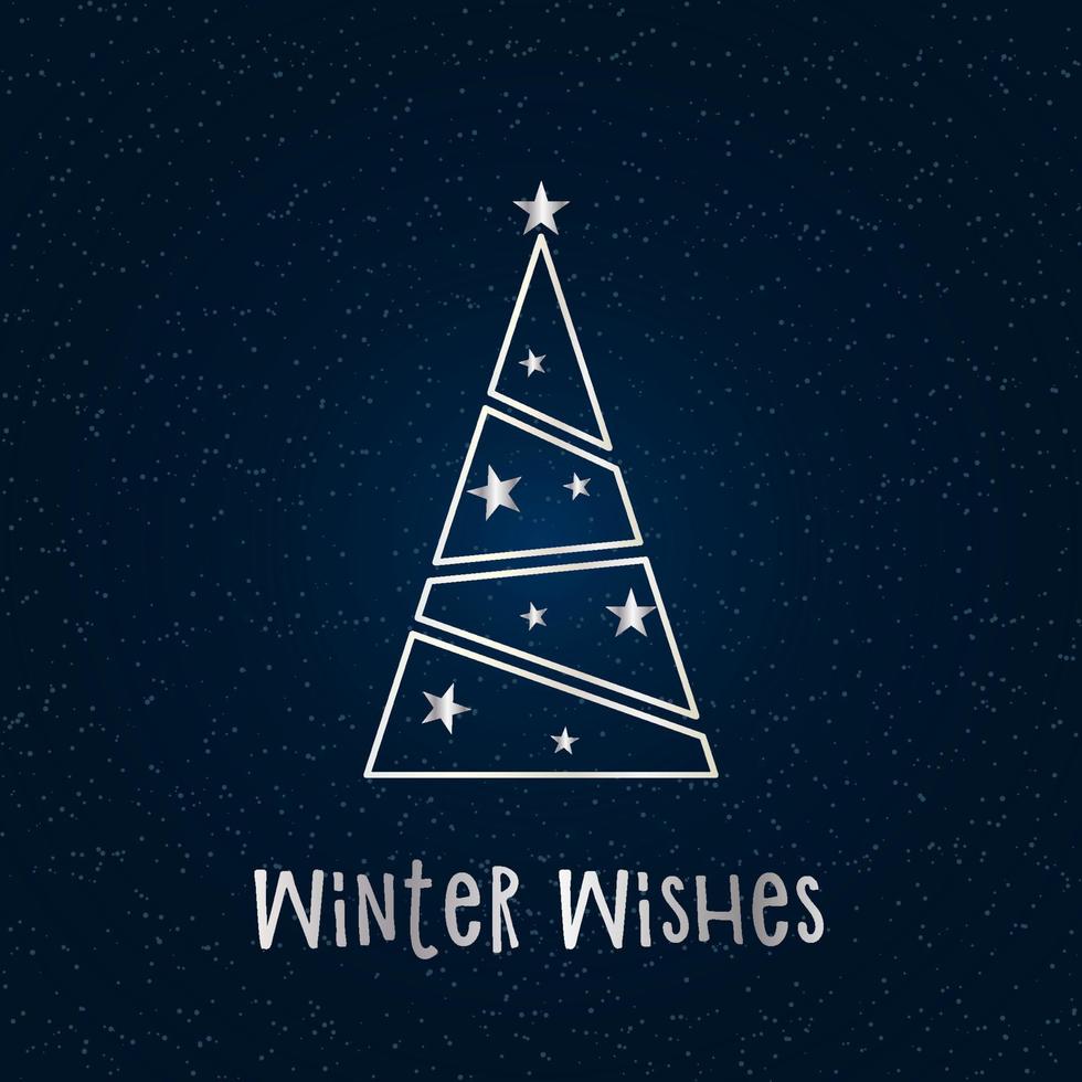 silhouette d'argento di un albero di natale con neve e stelle su uno sfondo blu scuro. buon natale e felice anno nuovo 2022. illustrazione vettoriale. auguri invernali. vettore