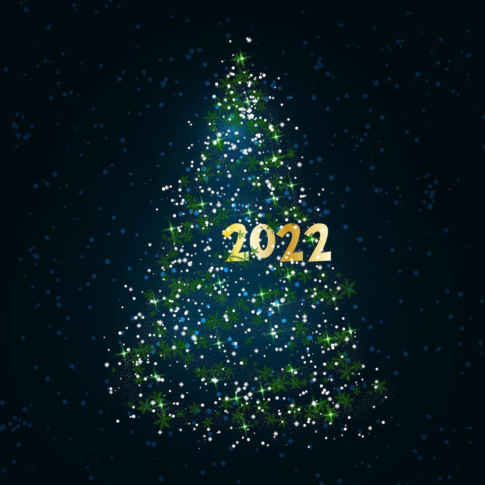 magico albero di Natale verde di fiocchi di neve su uno sfondo blu scuro. buon natale e felice anno nuovo 2022. illustrazione vettoriale. vettore