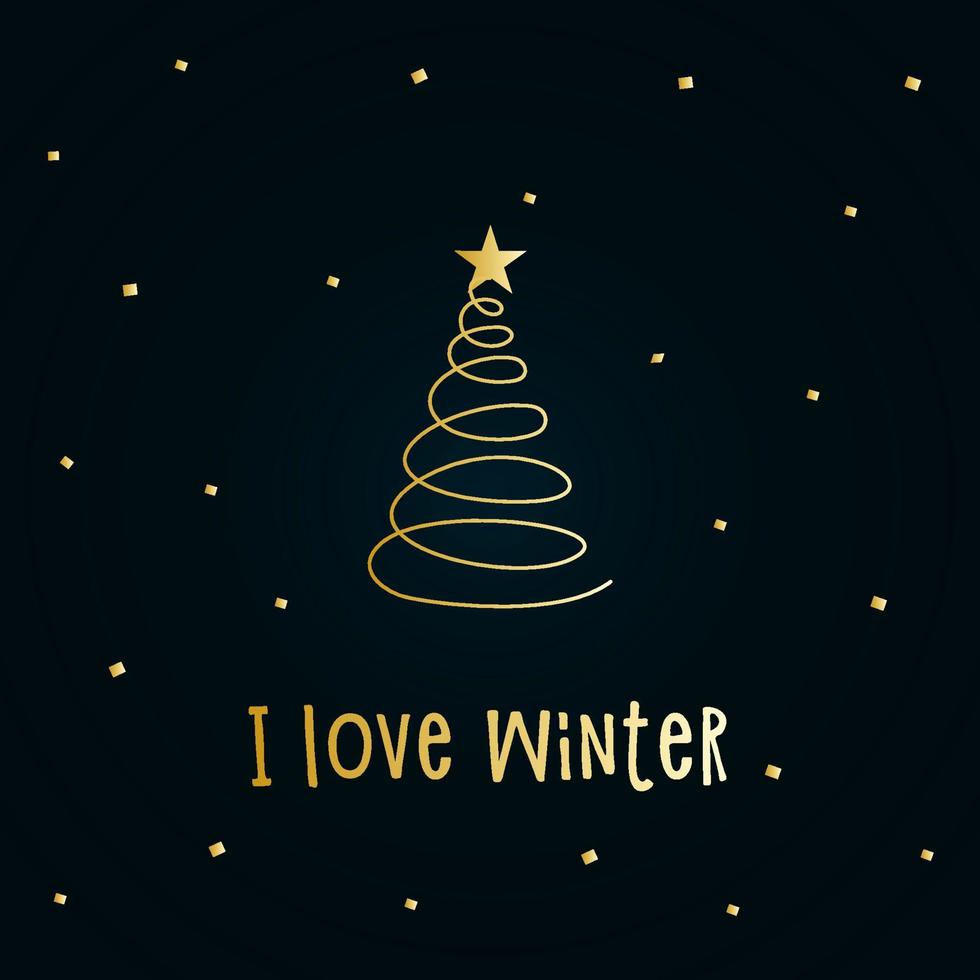 sagoma dorata di un albero di natale con neve e stelle su sfondo blu scuro. buon natale e felice anno nuovo 2022. illustrazione vettoriale. amo l'inverno. vettore