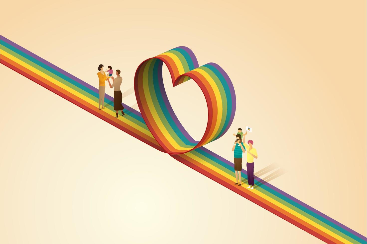 i genitori di coppia gay bisessuale lesbica stanno sulla strada a forma di cuore arcobaleno. vettore